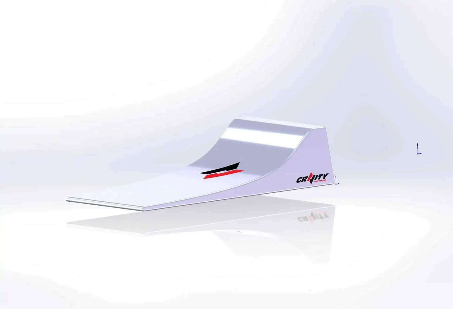 3D digital CAD model of an Extended Mars spline kicker ramp showing the curved transition surface and Gravity Stunts branding on the side